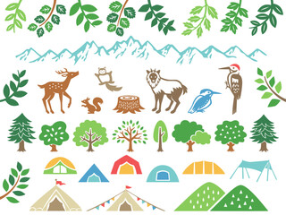 森の動物とキャンプのイラストセット