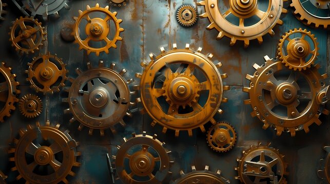 retro background and wallpaper with rustic brass gears steampunk style