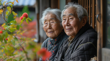 Elderly Chinese retired couple, candid portrait of senior citizens.