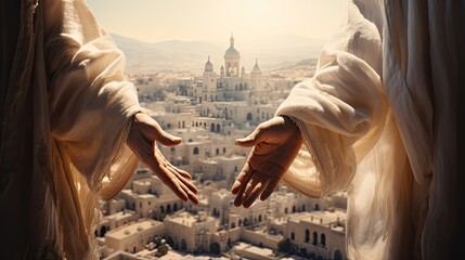 Two hands in light clothes on the background of old Jerusalem. - obrazy, fototapety, plakaty