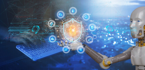 Network cyber security is the concept of information protection. Businessmen use laptops and digital discs with keys. Network security technology is combined with cloud computing and network security.