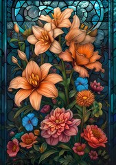 beautiful flower drawing style on arch stain glass window, stain glass art 