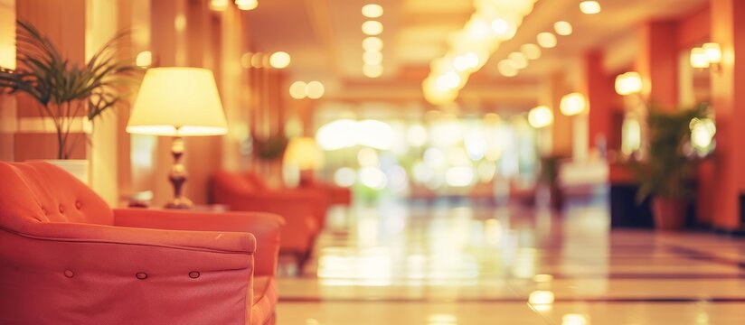 A blurred image showcasing a hotel lobby with wooden chairs, lamps, and a glass ceiling.