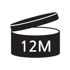 PAO cosmetic icon, mark of period after opening. Expiration time after package opened, back label. 12 month expirity on white background, vector illustration.