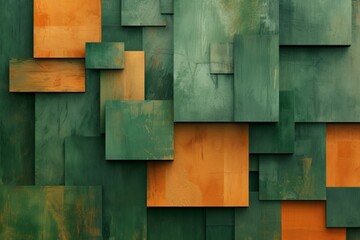 orange green geometric background with abstract blocks, canvas paper texture, light and shadow 