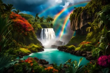 A vibrant rainbow arching over a majestic waterfall amidst a lush, tropical paradise.