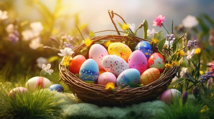 Vibrant Easter Basket Overflowing with Colorful Decorated Eggs Nestled in Lush Green Grass