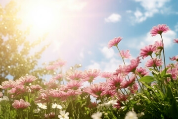 Obraz premium spring daisy flower blooms in a field during sunset summer landscape blur background. Spring season AI generated