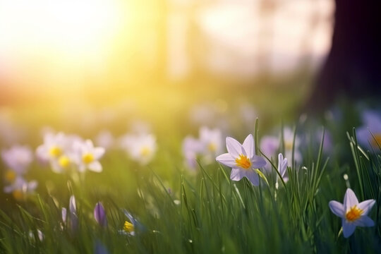 spring daisy flower blooms in a field during sunset summer landscape blur background. Spring season AI generated