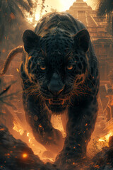 Jaguar with tattooed ancient Mayan symbols is his dark body, as background Ancient Mayan Pyramid