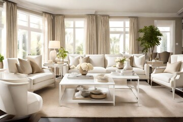 Fototapeta premium A sleek white coffee table complemented by a set of matching armchairs, set in a tastefully decorated living room accented with subtle cream hues and hints of metallic accents.