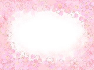 ピンクゴールドフレームの桜も混じった七宝文様地紋の春の満開背景素材