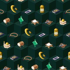 Seamless pattern of colored ramadan icons on dark green isometric background - obrazy, fototapety, plakaty