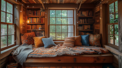 Cozy reading nook room with bookshelves and wooden interior.