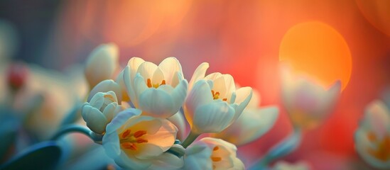 A beautiful close-up of white flowers blooming during sunset, showcasing the intricate details of their petals and the vibrant colors of the sky.