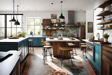 An eclectic kitchen featuring a mix of vintage and contemporary elements, creating a vibrant and unique space. - obrazy, fototapety, plakaty