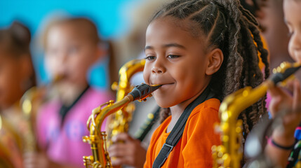 Cute black boy playing a saxophone in a band at school. - obrazy, fototapety, plakaty