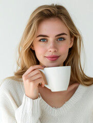 Close up of a young woman holding coffee cup on white background. Generative Ai