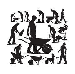 People using wheelbarrow, Construction worker pushing wheelbarrow silhouette, 
