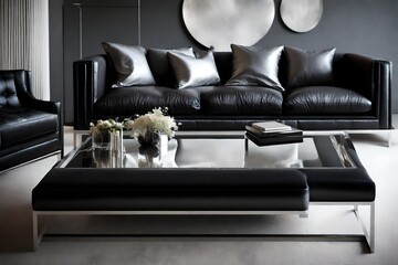 A sleek silver coffee table complementing a black leather couch.