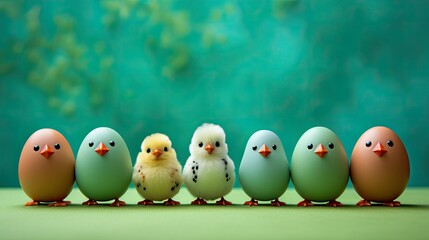 Charming Easter Decor: A Delightful Row of Small Chickens and Eggs