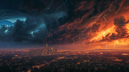 dramatic thunderstrom across the sky above city