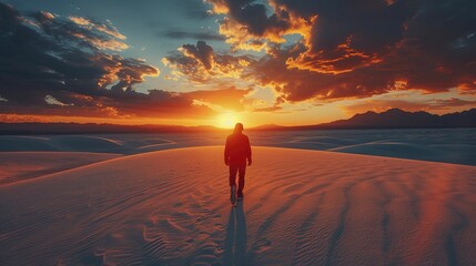 Fototapeta na wymiar A person walking across a desert with a sunset in the background. 