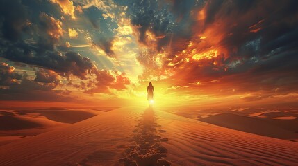 A person walking across a desert with a sunset in the background.