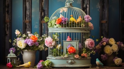 Fototapeta na wymiar Charming Vintage Bird Cage Overflowing with Vibrant Easter Eggs - A Festive Delight for All Ages!