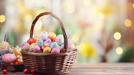 Vibrant Easter Delight: A Wicker Basket Overflowing with Colorful Eggs on a Kitchen Table