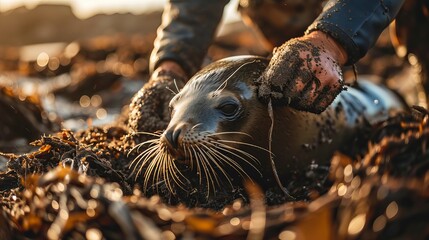 Wildlife Rescue Operation Featuring a Young Seal Amidst Seaweed and Rocks Under the Warm Glow of Sunset