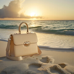 A luxury cream-colored satchel on white sands at sunset, perfect for a travel-inspired fashion campaign - obrazy, fototapety, plakaty