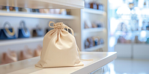 A lone beige drawstring bag on a boutique shelf, poised for an advertisement of a luxury, minimalist product line