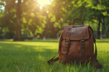 An elegant small leather backpack sits on lush green grass in a serene park, with copy space, ideal for a casual luxury lifestyle promotion.