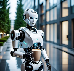Fototapeta premium Robot with a cup of coffee on the street