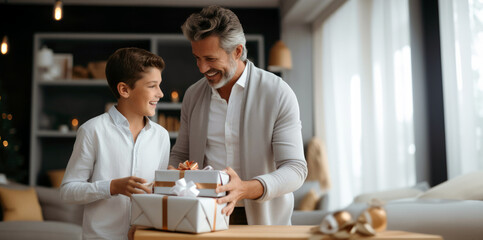 Panorama of a father and son packing gifts in a bright living room. Space for copying. New Year, Holiday, Birthday, Father's Day, Children's Day, Men's Day.