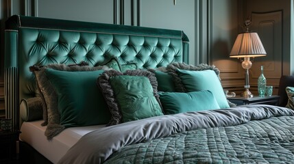 A luxurious bedroom featuring a teal tufted headboard and matching bedding