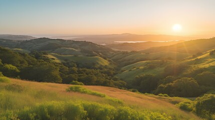 Obraz premium The moment the morning sun rises above the beautiful scenery of mountains, hills and pastures. generative AI