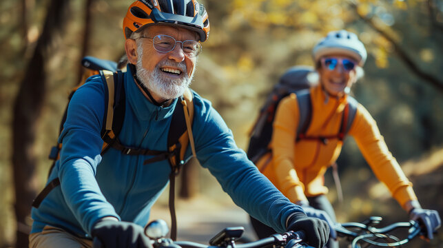 Senior couple cycling outdoors  in the fall. Fitness in the great outdoor during retirement.