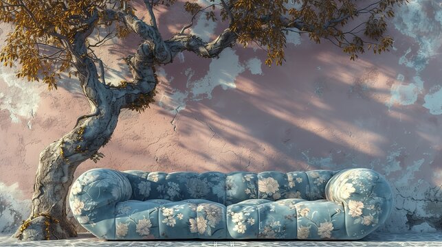 the 3D pattern of a plane tree on a sofa against a mauve wall and a patterned sky-blue sofa.