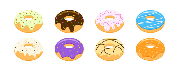 Set bakery doughnut or donut colorful chocolate glaze flat illustration vector