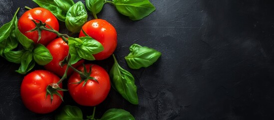 Top-down view of fresh tomatoes and basil leaves with room for text - obrazy, fototapety, plakaty