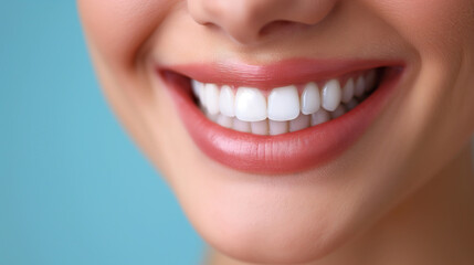 Obraz premium beautiful woman smiling with perfect white teeth on blue background. Dental photo, dentistry illustration 
