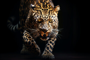 Obraz premium Close-up black-spotted yellow leopard in dark tones. Generative ai