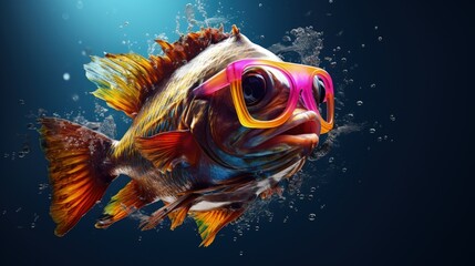 Fototapeta na wymiar yellow fish in sunglasses on blue background