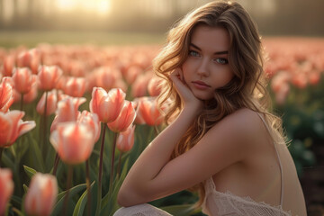 a beautiful girl posing on tulip field in spring