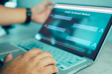 Man using computer for artificial intelligence by enter command prompt for generates something,...