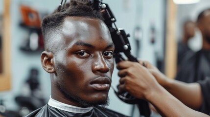 Barber trims hair with clipper on young unshaven black man in barbershop studio. Professional hairdresser cut hair with electric shearer machine on African guy. - obrazy, fototapety, plakaty