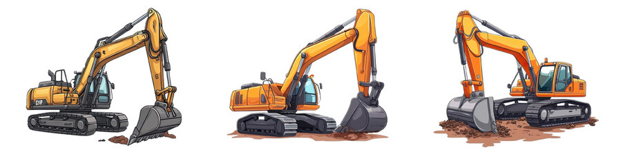 Collection of PNG. Excavator cartoon style isolated on a transparent background.