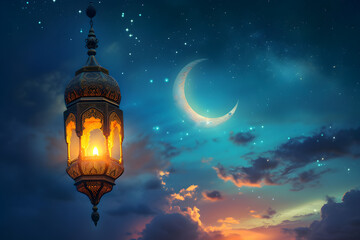 Fototapeta na wymiar Ramadan lantern with crescent moon on night sky background, suitable for Ramadan and Islamic cultural events